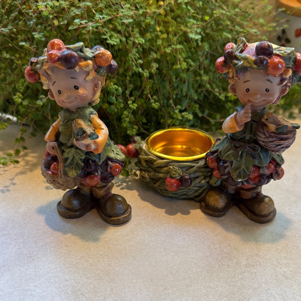 Vintage Autumn Harvest Figurine Set with Candle Holder